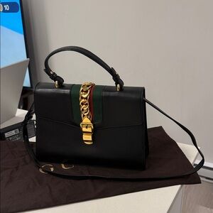 Gucci Black and Green Leather Satchel with Gold Chain